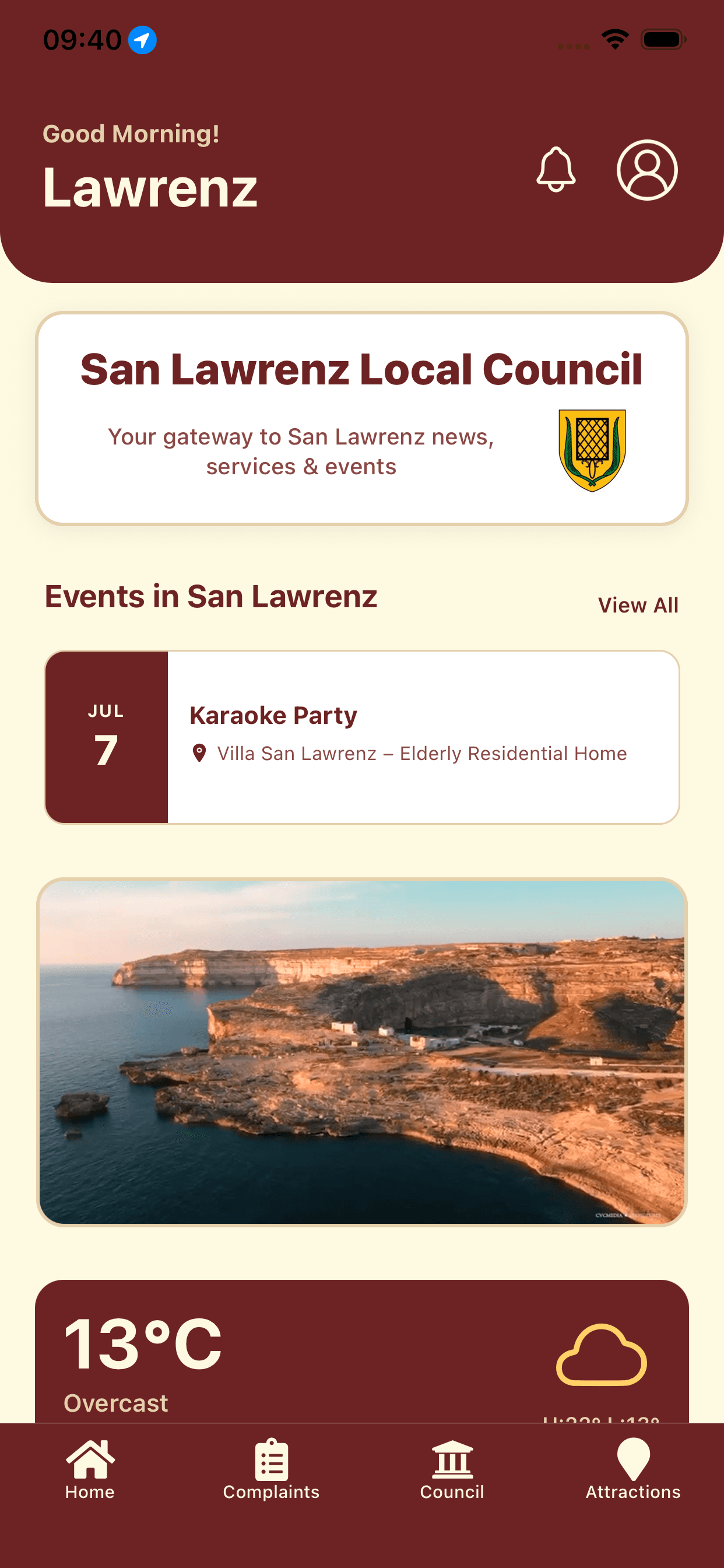 Home screen of the SLeCommunity app showing the main dashboard with various community features.